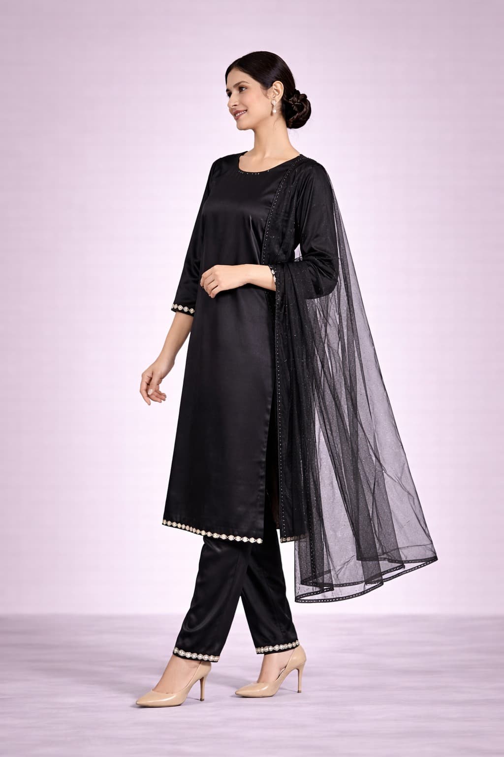 Midnight Noirs – Stitched 3-Piece Silk Suit with Organza Dupatta