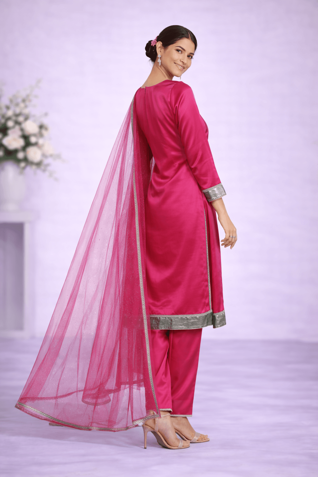 Rose Jewel – 3-Piece Stitched Silk Suit with Silver Metallic Trim