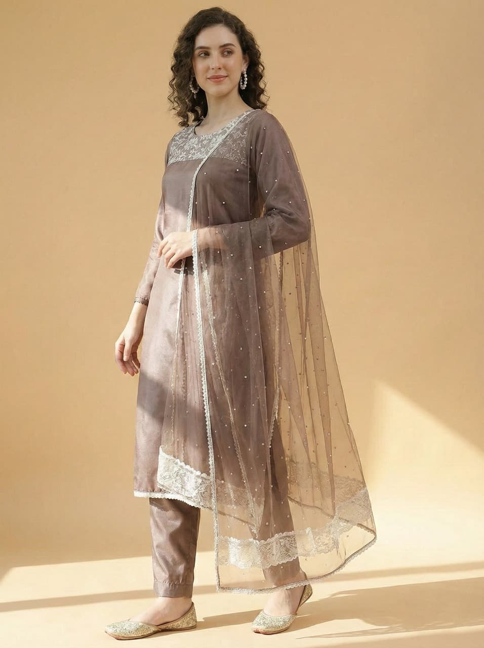 Desert Rose – 3-Piece Stitched Silk Suit with Lace Overlays