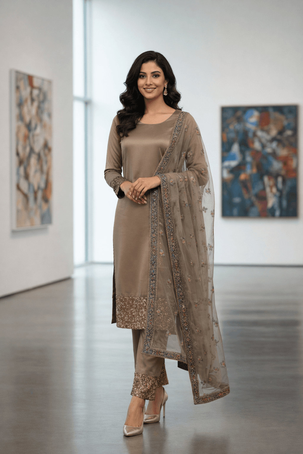 Bronze Mocha – 3-Piece Stitched Silk Suit with Sequin Artistry