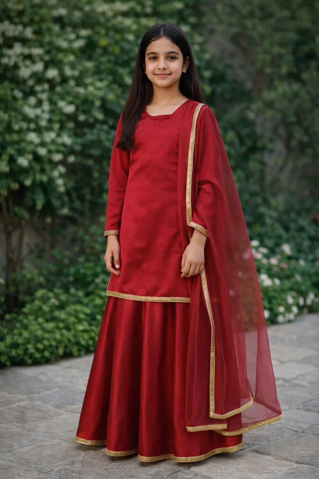 Crimson Bloom – Kids' 3-Piece Stitched Silk Sharara Set